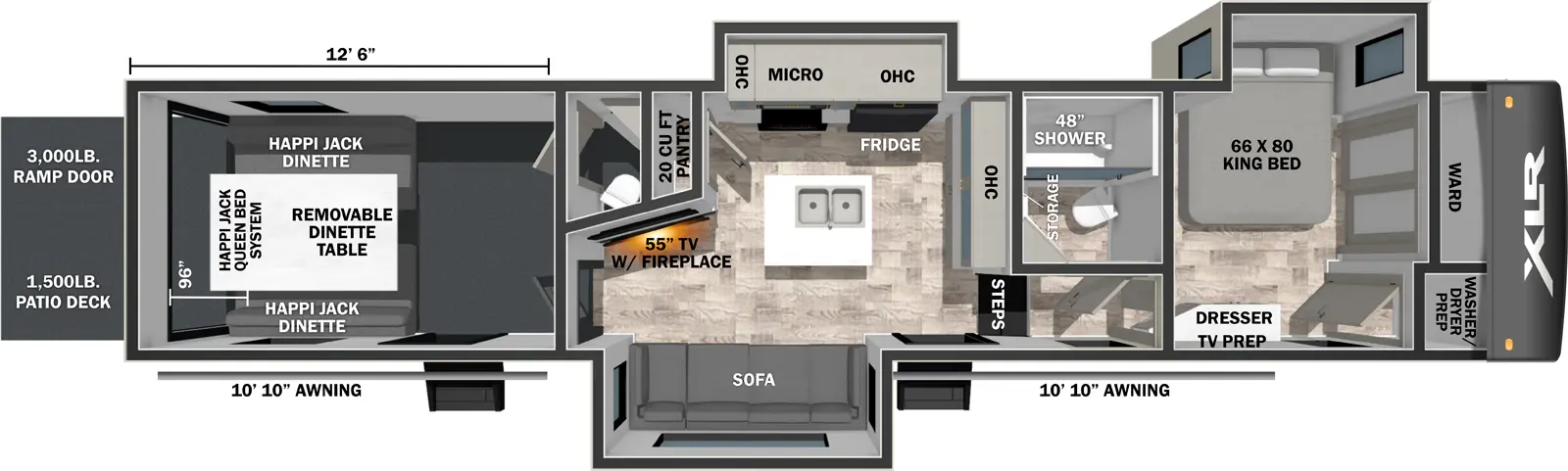 The XLR Nitro 35G13 floorplan is a toy hauler that has two entries and three slide outs. Exterior features include: fiberglass exterior and 10'10" & 10'10" awning. Interiors features include: kitchen island, front bedroom and bathroom and a half.